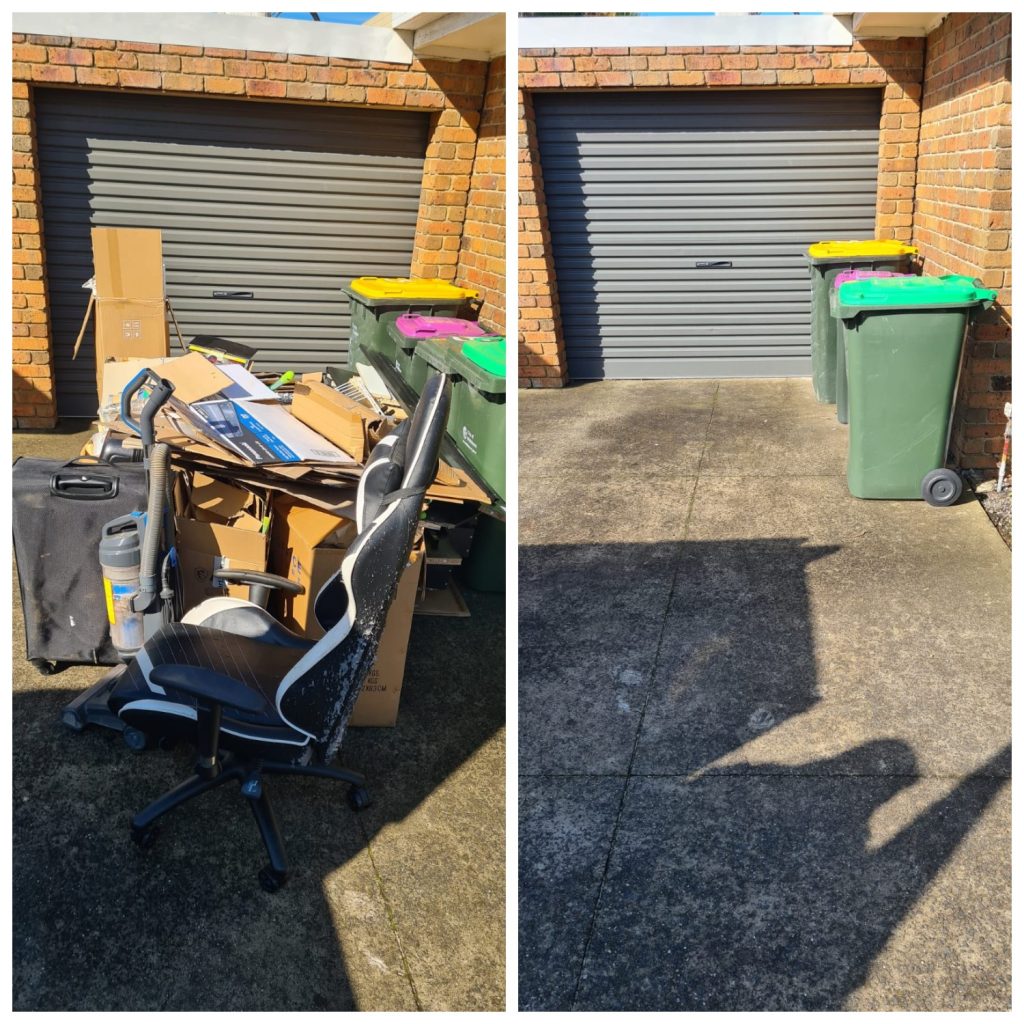 Garage area cleanup by Rubbish Removal M8 — before and after removing bulky waste including cardboard, office chair, and vacuum cleaner from a residential driveway