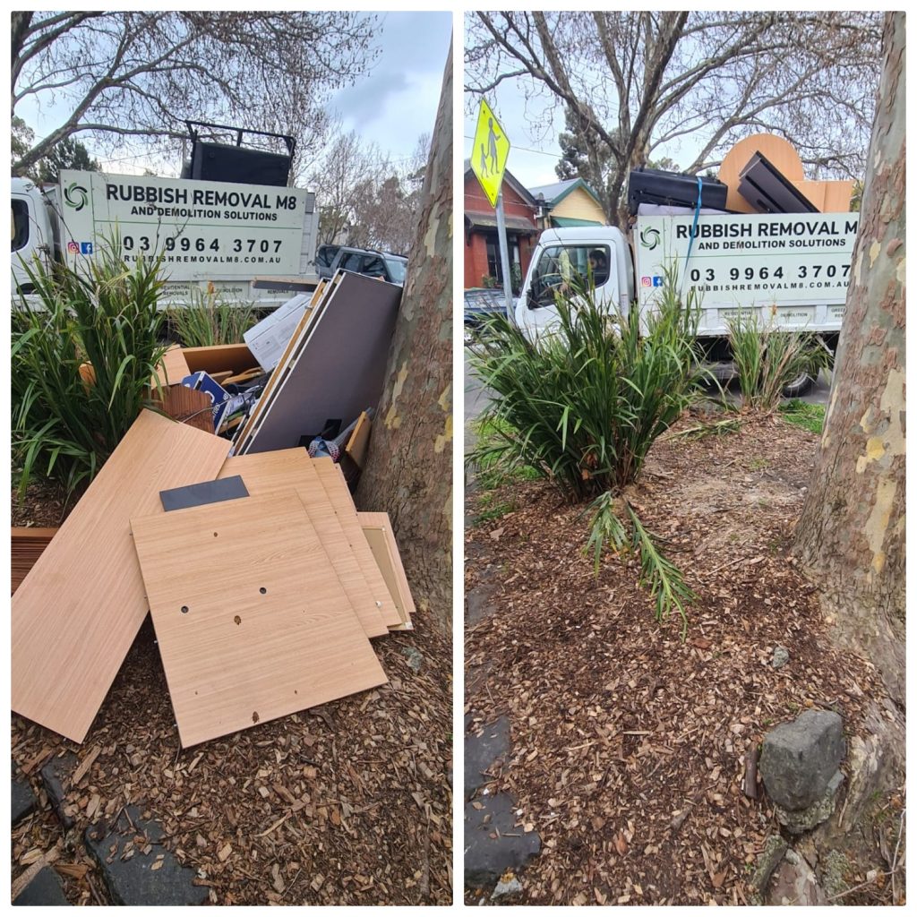 Before and after hard rubbish removal in Melbourne by Rubbish Removal M8 — discarded wooden furniture and panels cleared from nature strip, leaving a clean and tidy streetscape