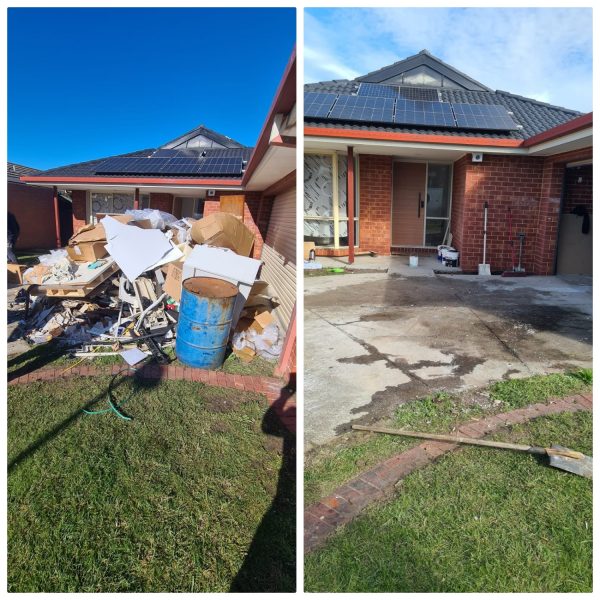 Before and after residential rubbish removal in Melbourne by Rubbish Removal M8 — front yard cleared of construction debris, cardboard boxes, and a rusted metal drum, leaving a spotless driveway.